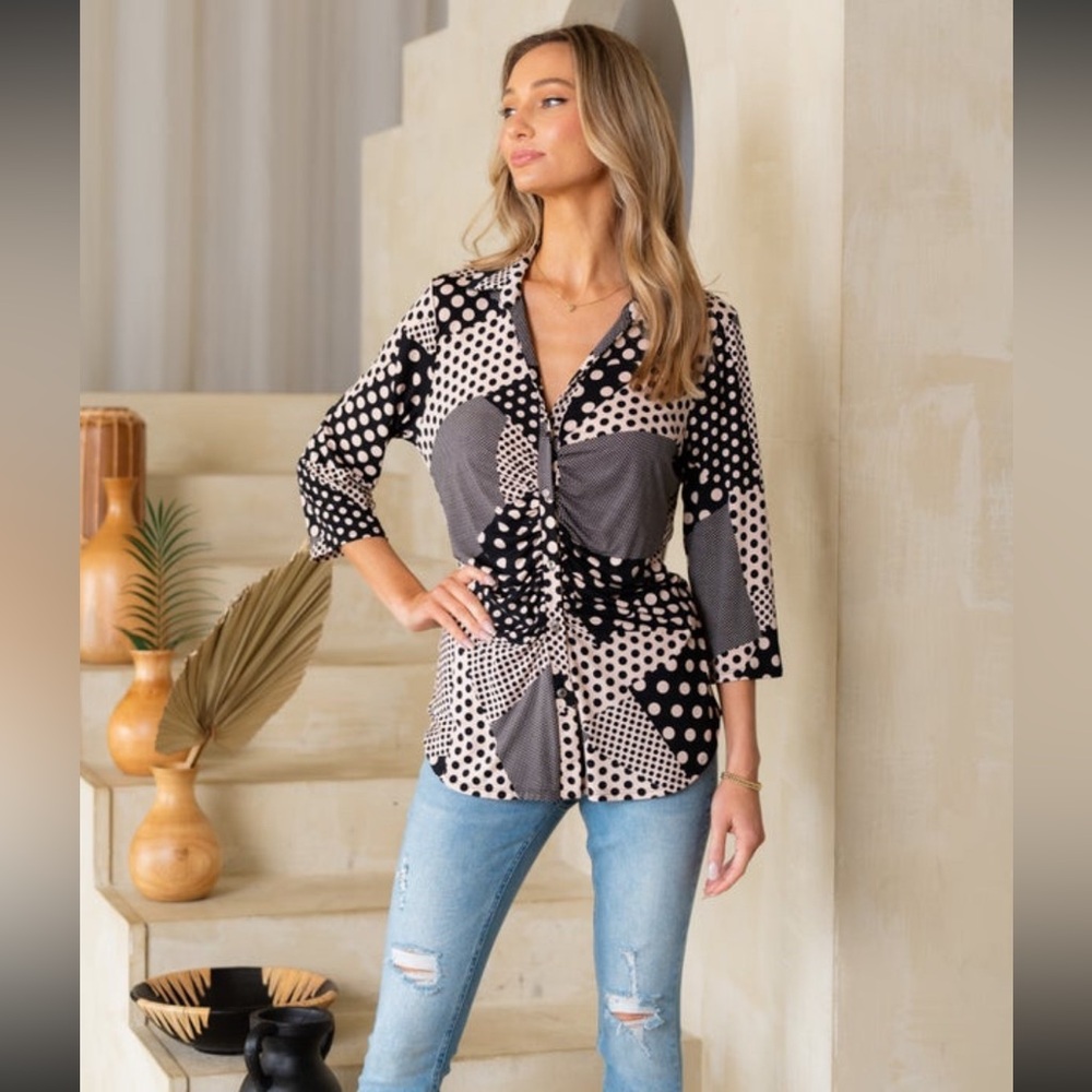 New Sew In Love 3/4 Sleeve length Button Down Top in Black/Taupe SZ XL